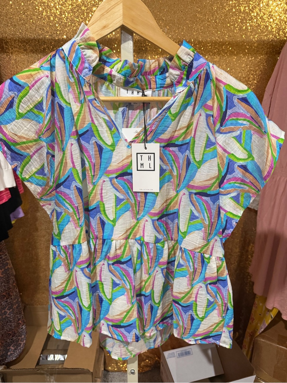 THML Multicolor Leaf-Print Peplum Blouse